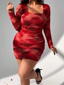 Firerie Plus Size Elegant College Style Personalized Ink Gradient Print Mesh Sexy Bodycon Long Sleeve Dress For Dating - Red - View 4