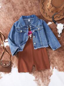 SHEIN 年轻女孩 2 件套：无袖连身裤，配有牛仔帽和公牛图案印花，搭配带有金属纽扣装饰、翻领和大口袋的柔软牛仔夹克，传达出独特的西部风情，适合户外、主题拍摄或休闲穿着 - 彩色 - 查看 6