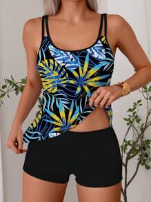 Swim Lushoire Women's Vacation Loose Fit Casual Wide Strap Adjustable Soft Cup Wire-Free Solid Color Tankini Set Summer - Black - View 1