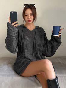 DAZY 女式连帽星形装饰宽松镂空灰色毛衣，秋季透明 - 深灰色 - 查看 6