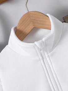 SHEIN 2 件装幼儿男童休闲舒适百搭白色字母图形粗肩带装饰宽松拉链连帽衫和裤子套装，适合旅行、学校、日常聚会、派对、秋冬季