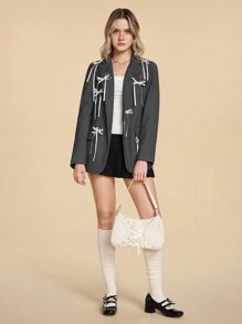 ROMWE Kawaii Women's Bow Decor Long Sleeve Button Front Casual Blazer Jacket - Grey - View 5