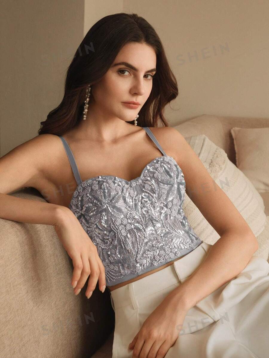 Anewsta Camiseta de mujer elegante con bordado de lentejuelas