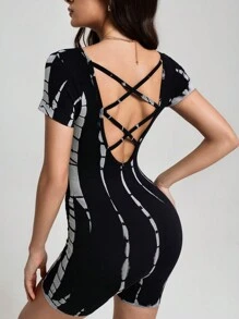 Menodora SHEIN Sport Women's Tie-Dye Backless Criss-Cross Short Sleeve Jumpsuit - Black - View 5