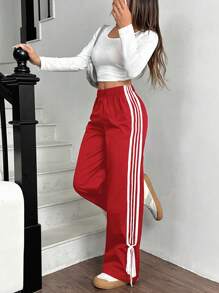 SHEIN EZwear 女士黑色侧面撞色白色带子松紧腰裤 - 紅色 - 查看 4