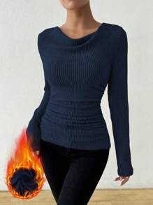 EMERY ROSE Áo dài tay ôm sát cổ xếp nếp họa tiết cổ điển không đối xứng - Màu xanh hải quân - Xem 7