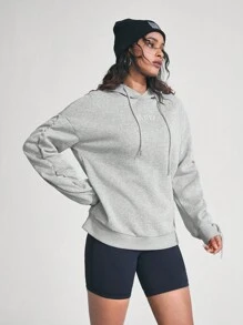 Sudadera casual minimalista de manga larga con bordado de letras para mujer - Gris - Ver 4
