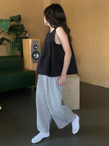 DAZY Conjunto de verano para niñas preadolescentes con 2 piezas: top de tirantes de cuello redondo + pantalón largo de tejido rayado