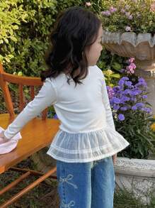 DAZY Young Girl Solid Color Mesh Patchwork Round Neck Long Sleeve Casual T-Shirt - White - View 6