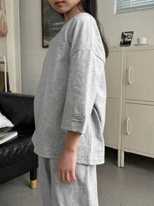 DAZY 2pcs/Set Tween Girl Round Neck Letter Print Short Sleeve T-Shirt + Pants Spring/Summer Outfit - Grey - View 6