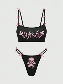 ROMWE Goth 哥特式浪漫情人节骷髅哥特式字体吊带丁字裤内衣套装，带蝴蝶结，可爱