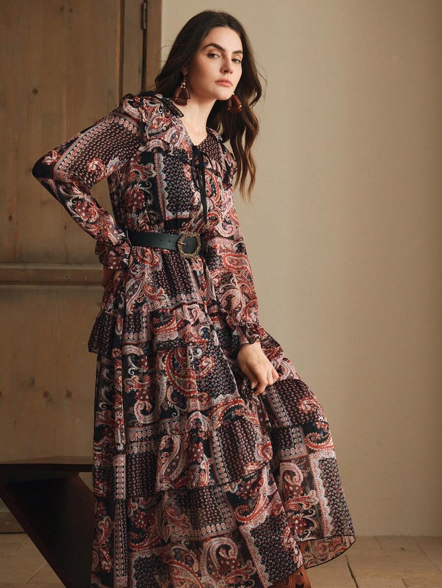 Anewsta Elegant Floral Print Loose Waist Dress For Women