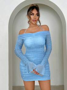 SHEIN SXY 女士露肩褶皱紧身连衣裙情人节连衣裙约会晚礼服春季女士服装生日装舞会礼服单身派对鸡尾酒会礼服短款晚礼服