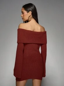 MISSGUIDED 罗纹露肩纽扣前开襟毛衣裙长袖冬季秋季节日派对修身迷你针织连衣裙优雅晚装 - 棕色 - 查看 2