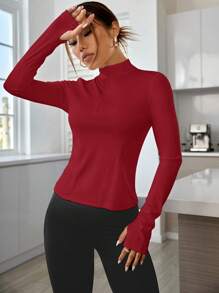Easithlete Solid Color Stand Collar Long Sleeve Fitted Sweatshirt - Burgundy - View 5