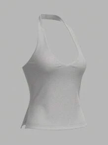 SHEIN BASICS Casual Solid Color Knit Halter Top For Women - Grey - View 7