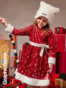 年轻女孩天鹅绒渐变色雪花蝴蝶结装饰圆领长袖圣诞连衣裙