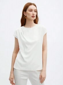 BizChic Women's Solid Color Round Neck Pleated Decor Loose Cap Sleeve Top, Basic Urban Commute Style, Simple Elegant Fashion Business Casual , Suitable For Teachers And Office Wear