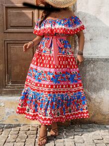 Breezaya Plus Size Boho Bohemian Off Shoulder Ruffle Hem Dress, For Summer - Multicolor - View 3