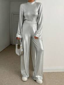 EURMUSE Silver Foil Printed Rib, Flare Sleeve Turtle Neck Top With Flare Pant - Silver - View 5
