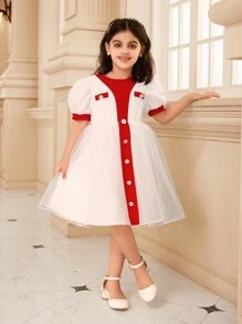 Young Girl Solid Color Patchwork Front Button Simple Casual Short Sleeve Dress - White - View 5
