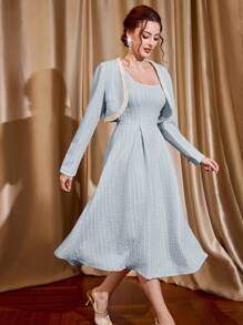 Vintamour 复古优雅女装两件套格子针织提花纹理方领无袖连衣裤连衣裙 A 字形荷叶边下摆连衣裙和长袖短款夹克，配仿珍珠纽扣花卉饰边，适合通勤正式冬季女装女式夹克女式套装冬季女式外套两件套冬季服装女式连衣裙女式两件套情人节情人节情人节情人节连衣裙