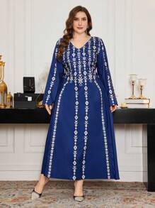 Modelyn Plus Size Retro Pattern Lace-Up Elegant Princess Hem Dress - Blue - View 3