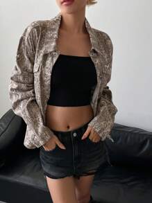 DAZY Women's Stylish Animal Print Denim Short Jacket - Brown - View 4