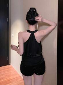 DAZY Damen Frühlingsstil Schulter Cut-Out Bluse, Sexy Nachtausgang, Sommer, Rüschen Rollkragen Damen - Schwarz - Übersicht 2