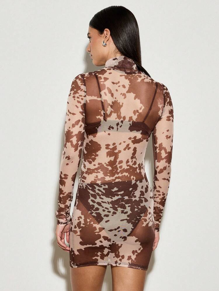 AiiRZ Cow Printed Long Sleeve Sheer Mesh Mini Dress With Matching Knickers