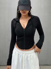 DAZY Women's Solid Color Drawstring Hooded Sweatshirt, Casual Autumn