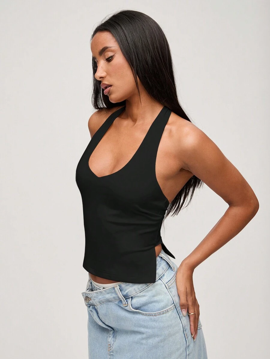 SHEIN BASICS Casual Solid Color Knitted Halter Neck Tank Top For Women - Black - View 1
