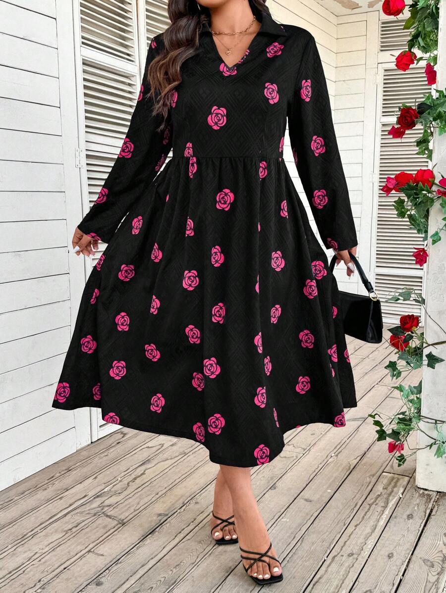 SHEIN LUNE Plus Size Women Elegant Woven Damask Rose V-Neck Mid-Length Dress, Casual For Spring Valentine's Day Fall Cloth For Women - Black - View 1