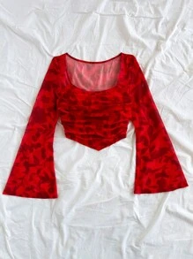 Soleia Women's Vacation Knit Mesh Red Cutout Floral Print Square Neck Long Flare Sleeve Fitted Cute T-Shirt, Suitable For Party, Valentine's Day, Date, Chinese New Year, Carnival, Easter, Afternoon Tea
