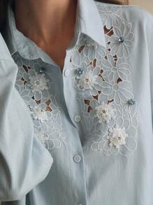 Anewsta Light Blue,Autumn,Elegant,Tea Party Embroidered Crystal Decor 3D Flower Trim Collar Long Sleeve Modern Blouse Top For Valentine's Day,New Year,Date - Baby Blue - View 6