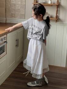 Dazy Kids 2 件套青少年女孩标语印花圆领落肩 T 恤和裙子休闲套装，女孩夏季服装，返校服装 - 灰色 - 查看 6