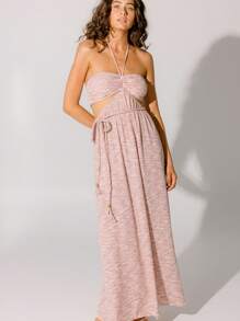 Aralina Vestido maxi con cuello halter plisado de jersey con rayas en tono malva, con cinturón trenzado y cuentas doradas