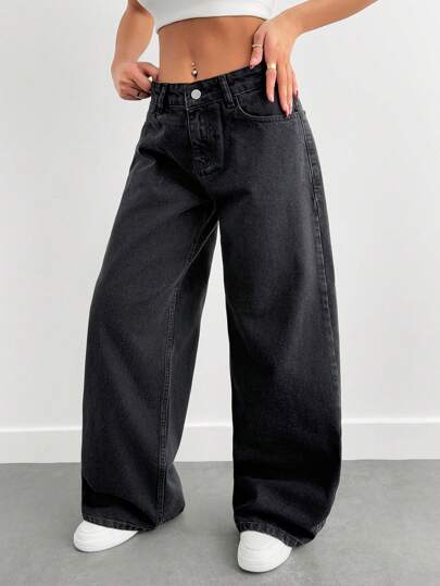 EURMUSE Women's Fashionable Versatile Slant Pocket Loose Fit Denim Jeans