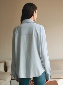 Anewsta Light Blue,Autumn,Elegant,Tea Party Embroidered Crystal Decor 3D Flower Trim Collar Long Sleeve Modern Blouse Top For Valentine's Day,New Year,Date - Baby Blue - View 2