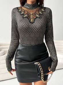 SHEIN Clasi Women Stand Collar Long Sleeve Casual T-Shirt With Mesh Patchwork, Random Prints