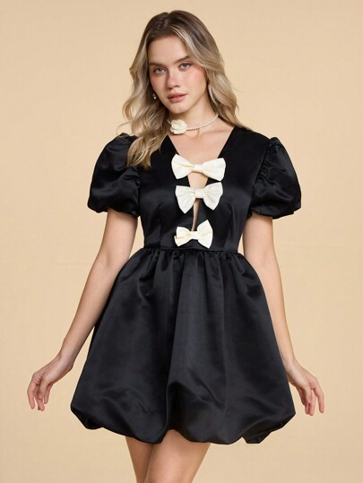 Kawaii Women's Romantic Satin Bow Decor Mini Dress For Valentine's Day