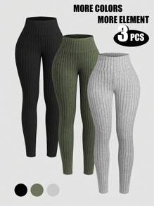 INAWLY Set Legging Wanita Polos Bergaris untuk Musim Gugur - MultiWarna - View 3