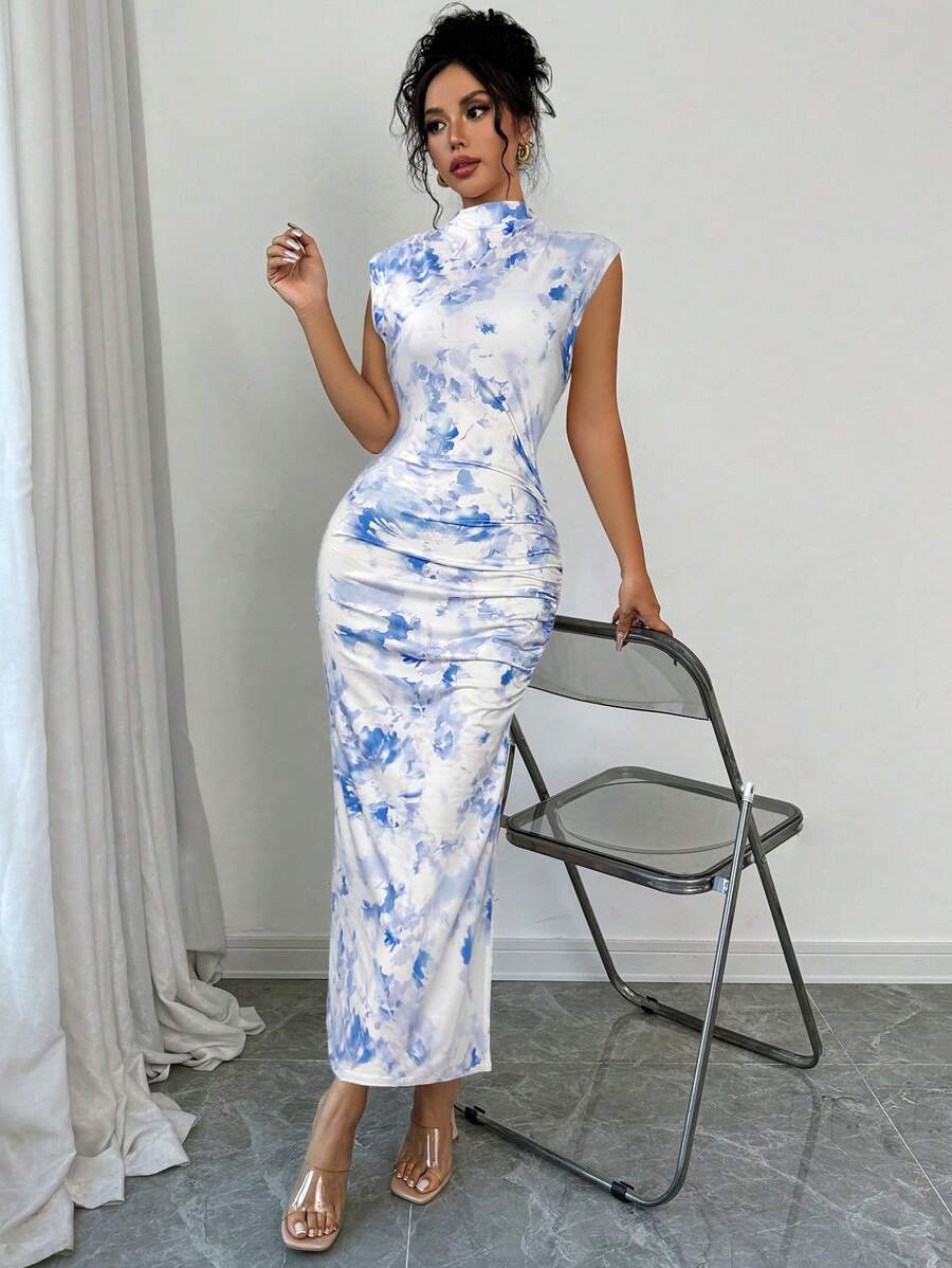 Firerie 女士扎染印花百褶腰立领修身优雅连衣裙