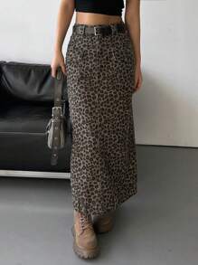 DAZY Women's Leopard Print Cargo Long Denim Skirt Jeans Skirt