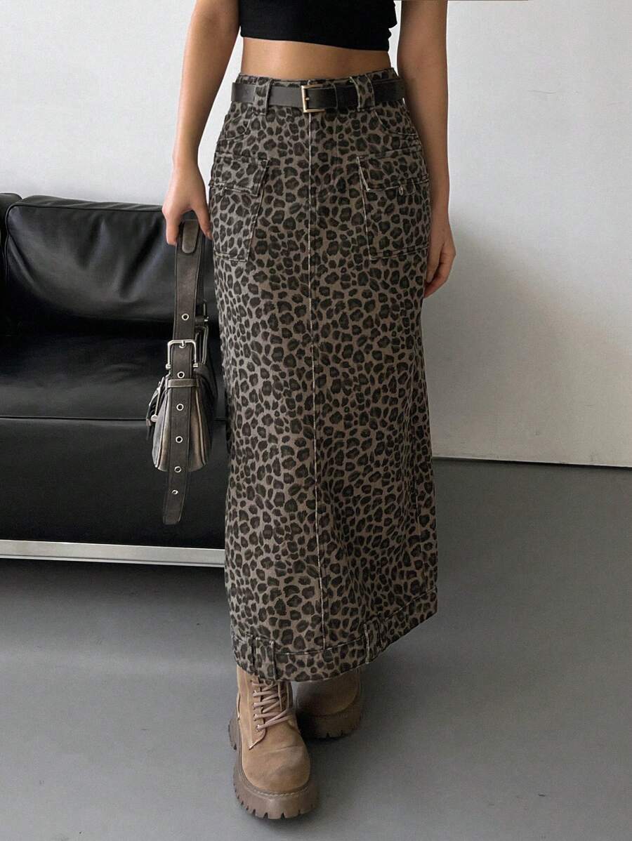 DAZY Women's Leopard Print Cargo Long Denim Skirt Jeans Skirt