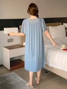 DAZY Loose Solid Color Lace Patchwork Comfortable Women's Nightgown Pajama - Dusty Blue - View 2