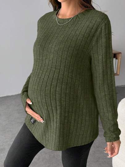 SHEIN Maternity Solid Color Letter Patched Ribbed Knit Long Sleeve T-Shirt, Suitable For Autumn/Winter