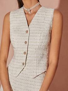 Enchnt 冬季/春季浪漫女士白色精致仿珍珠纽扣条纹花式纱线粗花呢 V 领背心和可爱 A 字迷你裙两件套，甜美、优雅、时尚，适合情人节、圣诞派对、新年、生日、节日装扮、甜蜜约会之夜和日常通勤 - 白色 - 查看 3