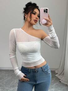 Chiquease Top en maille à encolure asymétrique avec décoration de sequins, mode automne