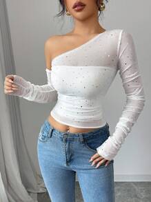 Chiquease Top en maille à encolure asymétrique avec décoration de sequins, mode automne